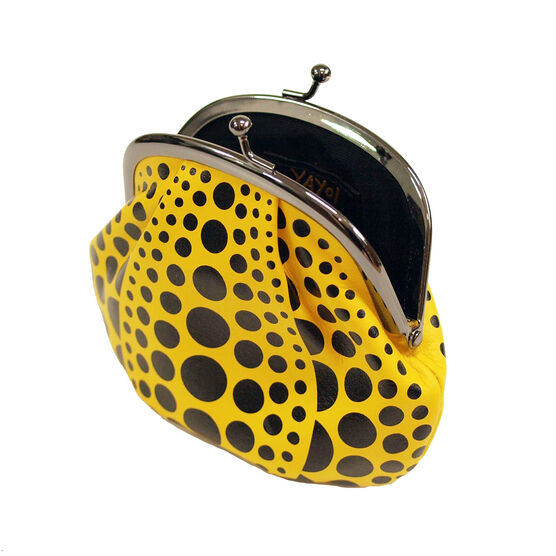 Yellow coin purse with black dots, like a Yayoi Kusama pumpkin artwork
